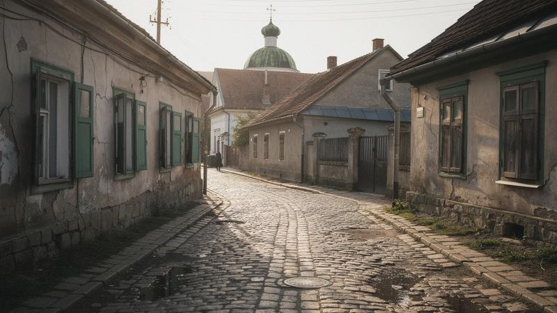 Morning light on a cobbled lane in a historic Ukrainian town