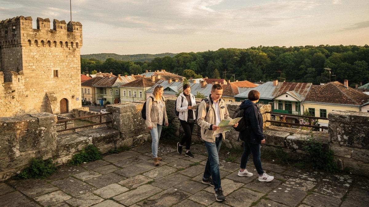 Travellers on the fortress terrace at Kamianets-Podilskyi during a weekend tour